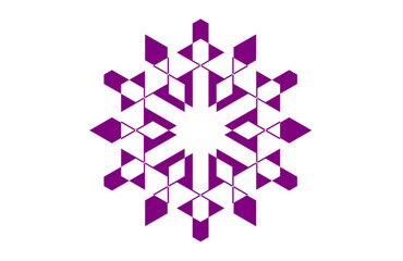 Abstract purple snowflake mandala with six diamond-shaped arms and star symmetry, sacred geometry inspired ornamental pattern,decorative mystical artwork for winter,meditation,yoga,and modern wall art
