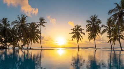 Obraz premium Luxury resort with infinity pool overlooking ocean surrounded by palm trees at glowing sunset sky