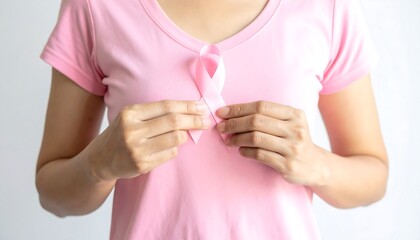 A woman wearing a pink shirt holds a pink ribbon near her chest, symbolizing breast cancer awareness. The image is shot from the chest up against a white background