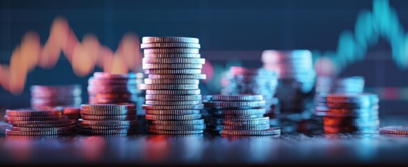 The Coin Stacks Representing Financial Growth and Investment with Stock Market Chart Background