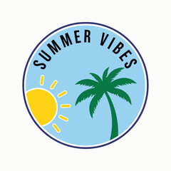 Bright sunny day with palm tree and "Summer Vibes" text in a circular emblem