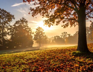 Autumnal sunrise over a parkland meadow