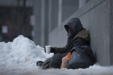 A homeless man in winter clothing sits on snowy pavement against a wall, holding a cup, with bags and snow surrounding him