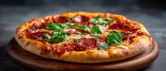 A freshly baked pepperoni pizza topped with basil leaves sits on a wooden board against a dark background