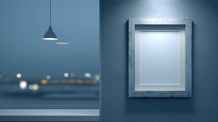 A framed blank canvas hanging on a wall beside a window with a hanging light fixture and city lights