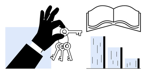 Hand grasping keys, open book suggesting learning, and bar graphs symbolizing growth. Ideal for education, strategy, leadership, growth, security success management. Simple flat metaphor