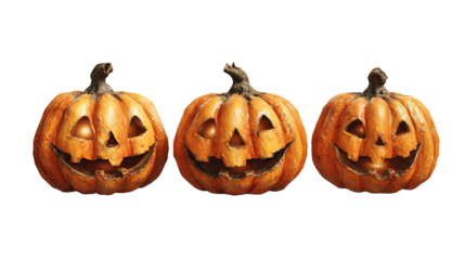 Halloween jack-o’-lantern set with textured surfaces and warm glow, isolated on transparent background.
