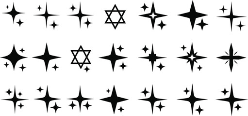 Sparkle and star icons, twinkle symbols, glowing starbursts, decorative shining elements, vector illustration