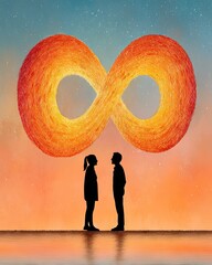 infinity love silhouette art Silhouetted Couple Under Fiery Infinity Symbol at Dusk eternal theme for anniversary gift poster