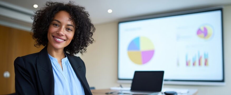 The businesswoman presenting charts and graphs in a modern conference room