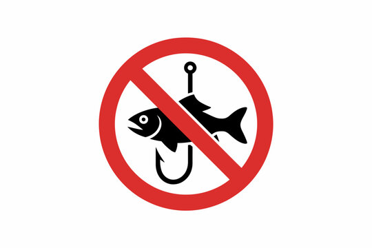 No fishing allowed symbol with a fish on a hook inside a red prohibition circle