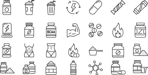 Sports nutrition and supplements icons, protein powder, vitamins, capsules, energy drinks, fitness diet products, vector illustration
