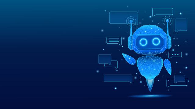 Futuristic AI chatbot in a low-polygon style, floating chats, advanced artificial intelligence, machine learning, and automation for customer service, communication, and digital technology concepts