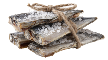 Stack of dried fish fillets tied with rustic twine, silvery scales visible, isolated on transparent background.
