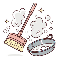 Cute cartoon broom and basin with soap bubbles and sparkles for cleaning and hygiene concept