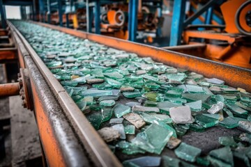 Broken glass pieces move along an industrial conveyor belt in a recycling facility, ready for processing and reuse