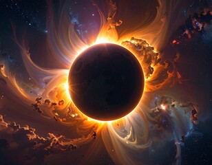 Cosmic eclipse, vibrant colors, swirling nebula