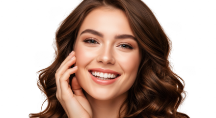A beautiful young woman with long, wavy brown hair smiles warmly, touching her cheek isolated on transparent background