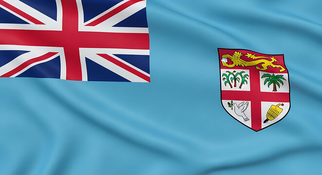 A closeup of the national flag of fiji waving gently, showcasing the union jack and fijian coat of arms, symbolizing the countrys history, culture, and connection to the commonwealth, representing nat