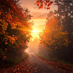 Autumnal sunrise path through a misty forest