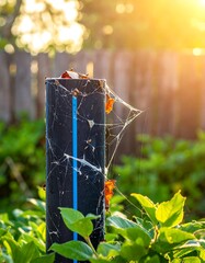 Black pipe in garden at sunset