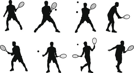 Tennis players silhouettes, men athletes swinging racket and hitting ball, sports training poses, vector illustration