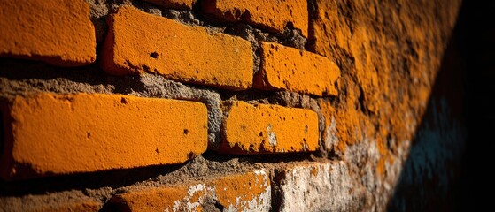 Orange bricks form a textured wall, highlighted by sunlight and rough mortar, creating a striking contrast of color and shadow