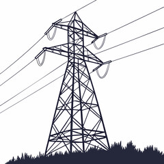 Stylized illustration of a tall metal electricity pylon with power lines against a white background