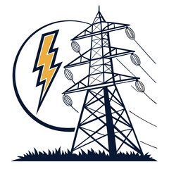 Stylized illustration of an electricity pylon with a lightning bolt symbol and power lines against a white background