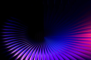 Illustration of abstract fanshaped design with vibrant blue, purple, and pink hues emanating from a dark center, creating a visually striking and dynamic composition with a sense of depth