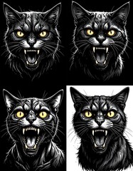Four variations of a ferocious black cat
