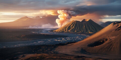 Stunning landscape view capturing an erupting volcano spewing smoke during a vibrant golden sunset sky over vast barren terrain