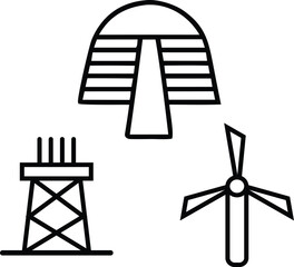 A collection of minimalist line art icons symbolizing the energy industry, featuring an oil derrick, a wind turbine, and a futuristic dome structure. Vector illustration for technology concepts