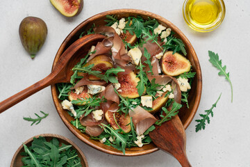 Delicious Salad with Figs, Pastrami, and Blue Cheese, Healthy Gourmet Meal Concept
