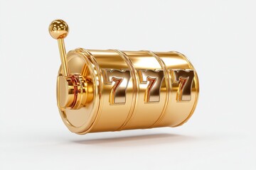 A golden slot machine with triple sevens is shown, symbolizing a jackpot win and luck in gambling, isolated on a white background