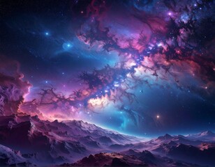 Cosmic landscape, vibrant nebulae, frosted mountains