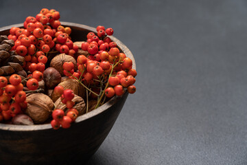 Rowan Berries, Nuts and Pine Cones in Wooden Bowl on Black Background. Rustic Autumn Still Life