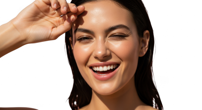 A joyful young woman with dark hair squints and smiles while shielding her eyes from the sun isolated on transparent background
