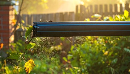 Black pipe, spiderweb, garden scene