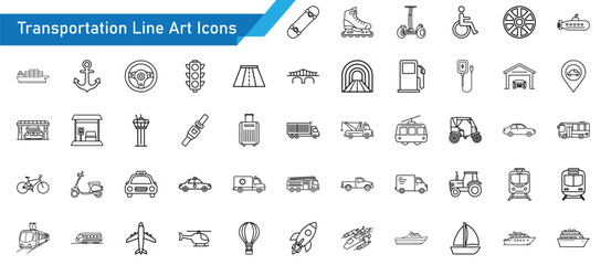 Transportation Line Art Icons Pack - Car, Bus, Train, Airplane, Bicycle, Ship, Travel and Vehicle Vector Collection