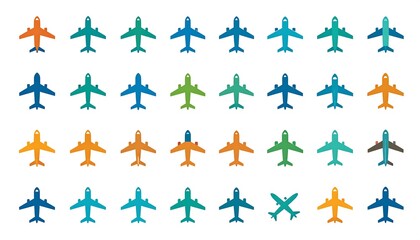 Colorful airplane icons arranged in a grid