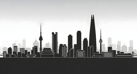 Fototapeta premium Cityscape Silhouette with Skyscraper and Tower in Urban Setting