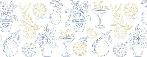 Seamless pattern with lemon slices potted plants and cocktail glasses in a line art style design