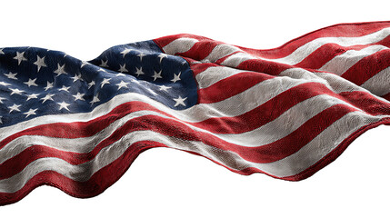 Waving U.S. flag fragment with detailed texture and flowing lines, isolated on transparent background.

