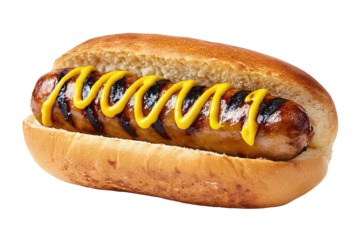 Grilled bratwurst in brioche bun with mustard zigzag and char marks, isolated on transparent background.
