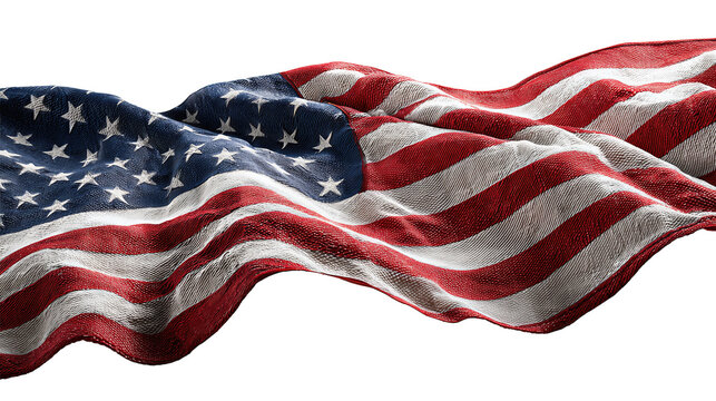 Waving U.S. flag fragment with detailed texture and flowing lines, isolated on transparent background.
