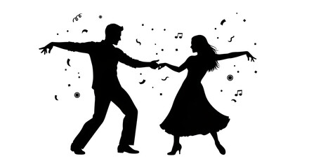 Silhouette illustration of dancing couple with festive elements adding a dynamic and celebratory atmosphere