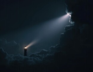 Lighthouse beacon piercing dark clouds
