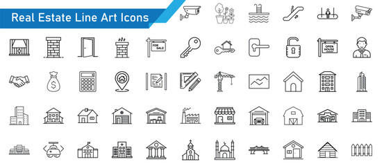 Real Estate Line Art Icons Pack - House, Apartment, Building, Property, Construction, Mortgage and Investment Vector Collection