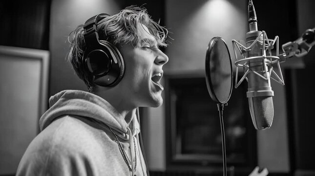 Vocal Recording Studio Performance: Capturing a moment of passion and artistry, a singer is fully immersed in a musical performance within a professional sound recording studio.